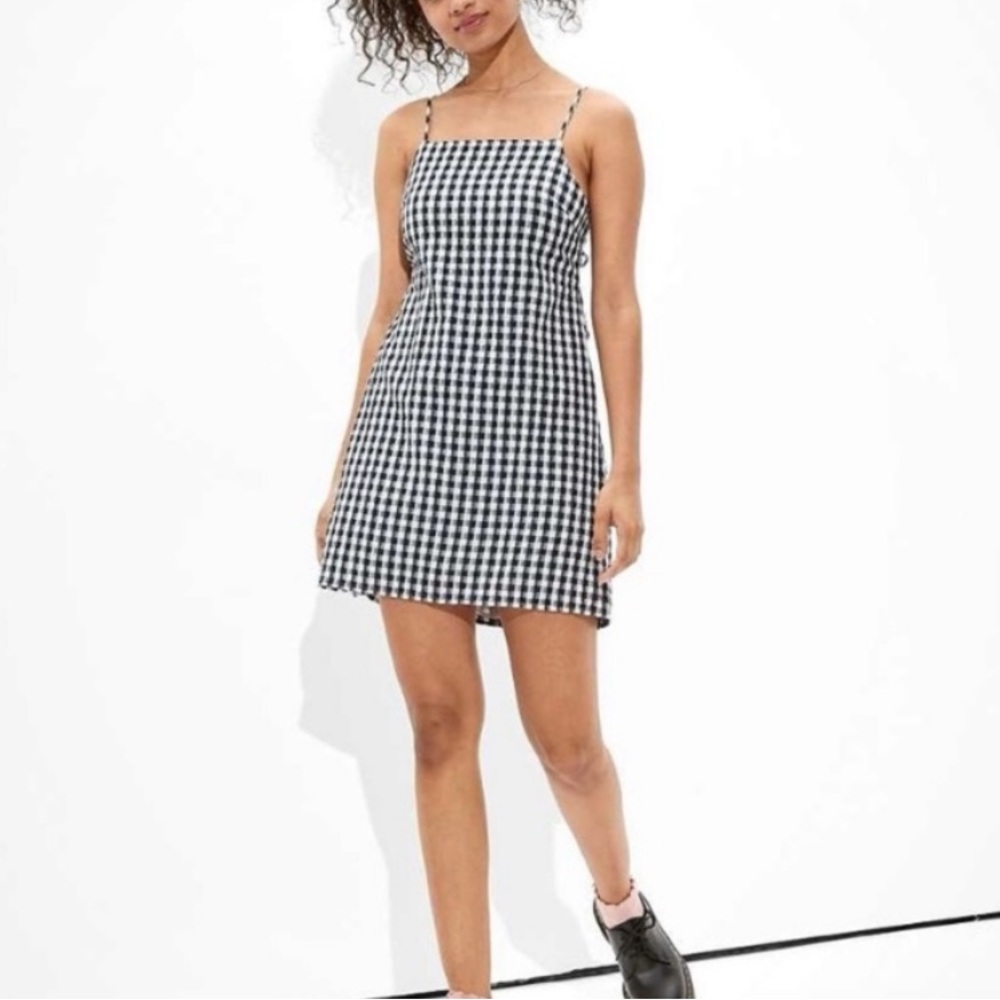 American Eagle gingham tie back cutout detail square neckline mini dress